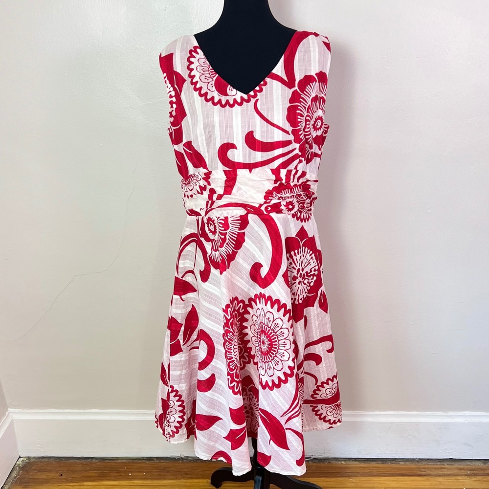 Amanda Lane Floral Midi Dress 14 Red White Cotton Sleeveless V-Neck Fit & Flare